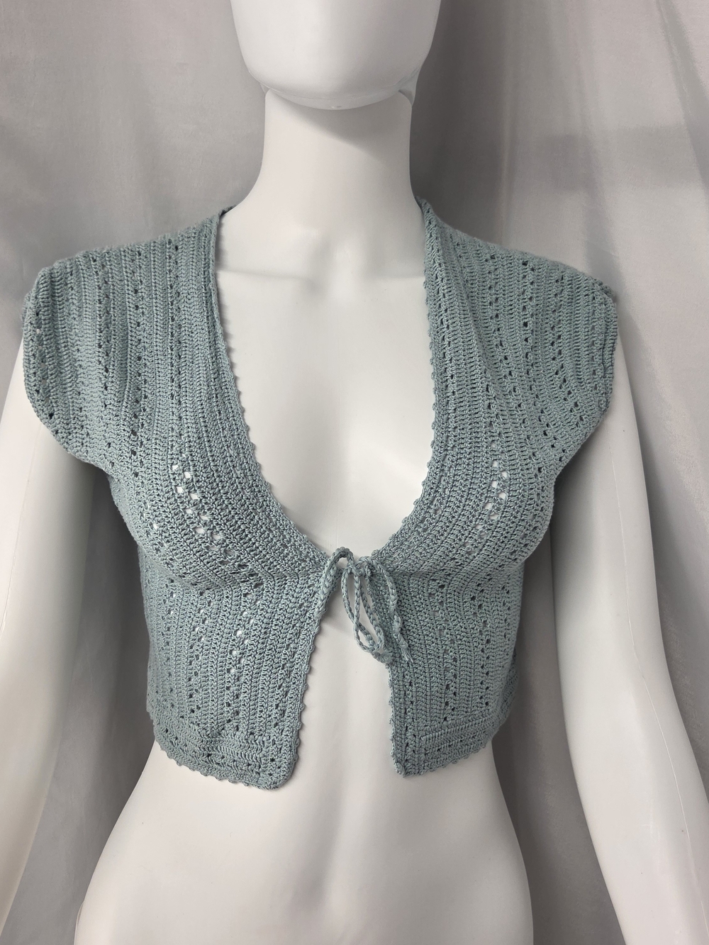 Caslon Silk Cotton Crochet Tie-Front Shrug Cardigan Seafoam Blue L Quiet Luxury